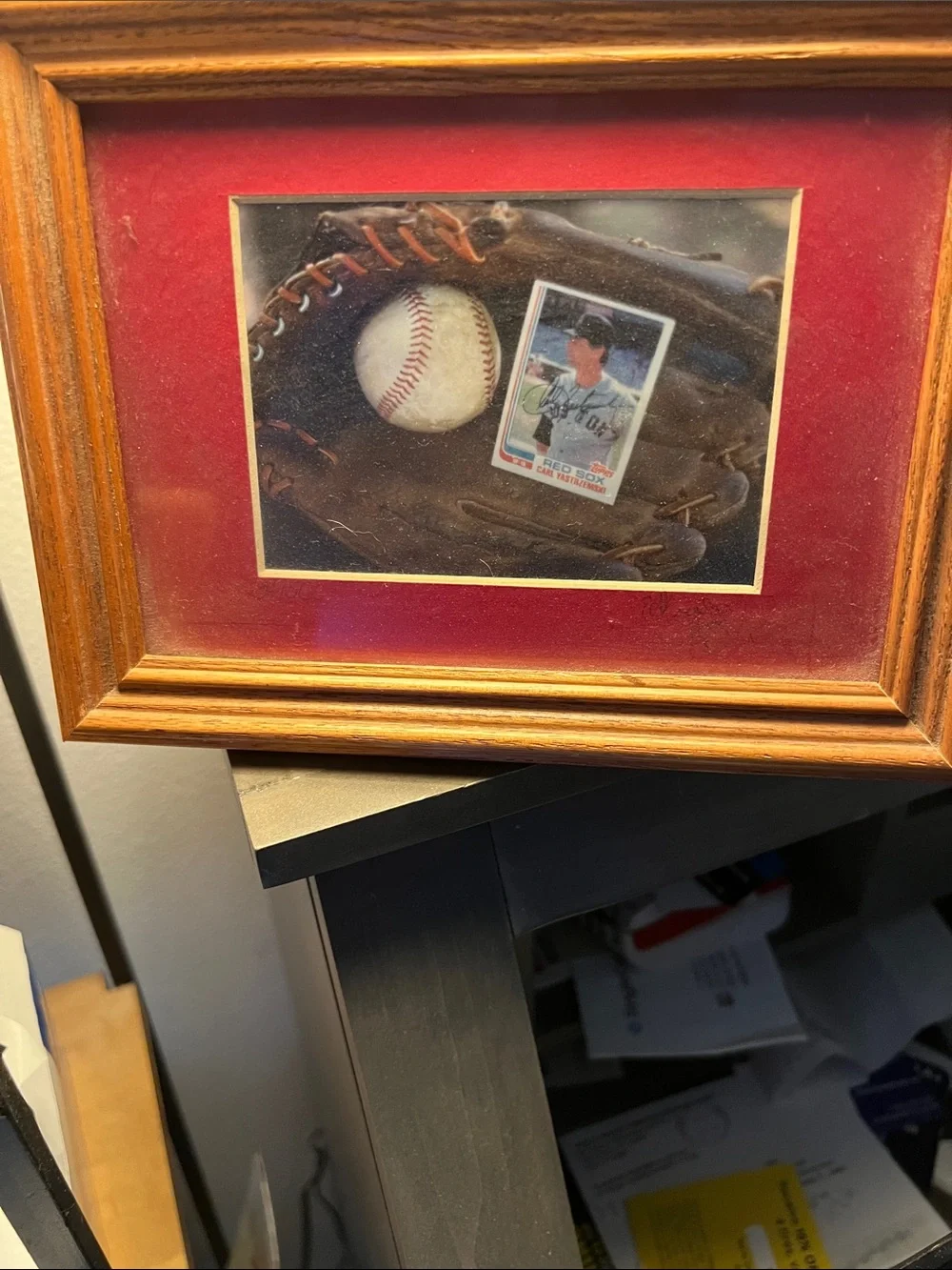 Topps Red Mat and Wood-Tone Baseball Display Frame. This is Carl Yaz